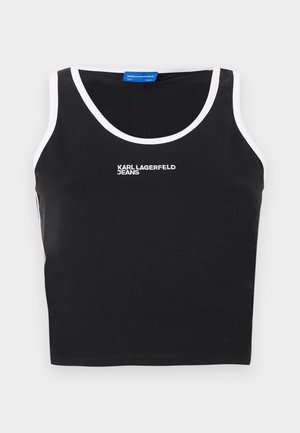 Top corto negro sin mangas con ribete blanco alrededor del cuello y los brazos, con el texto "KARL LAGERFELD JEANS" bordado en blanco en el frente.