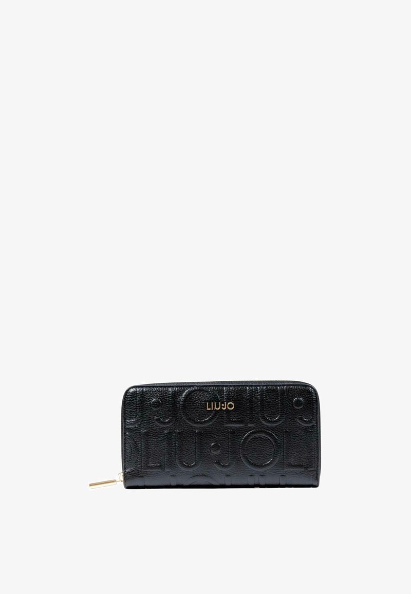 Portafoglio in cuoio nero con design del logo impresso. Caratterizzato da una chiusura con zip e hardware in tonalità oro. Texture liscia e forma rettangolare elegante.