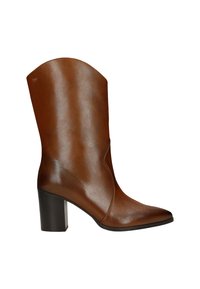 Stivaletto in pelle marrone con punta appuntita, tacco a blocco moderato e linea superiore curva con delicate cuciture decorative.