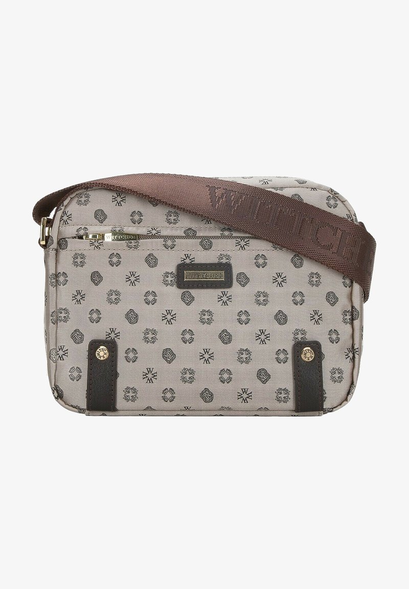 Gray patterned shoulder bag with a textured fabric, brown adjustable strap, gold hardware, and black leather accents at the bottom.