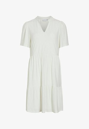 Abito bianco a maniche corte con scollo a V, vita arricciata, gonna a balze e delicato motivo ad occhielli su tutto il tessuto.