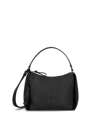 Black leather handbag with a pebbled texture, a single adjustable strap, and a decorative tassel on the side.