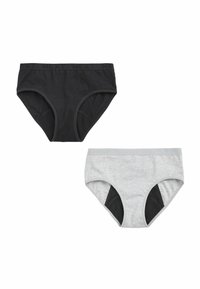 Black and gray cotton briefs with logo waistband, featuring a smooth texture, moderate coverage, and contrasting black panel details.