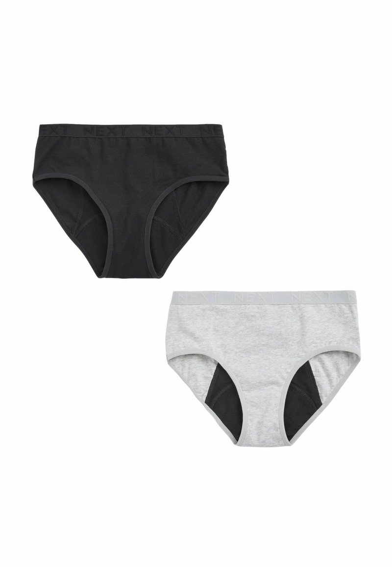 Black and gray cotton briefs with logo waistband, featuring a smooth texture, moderate coverage, and contrasting black panel details.