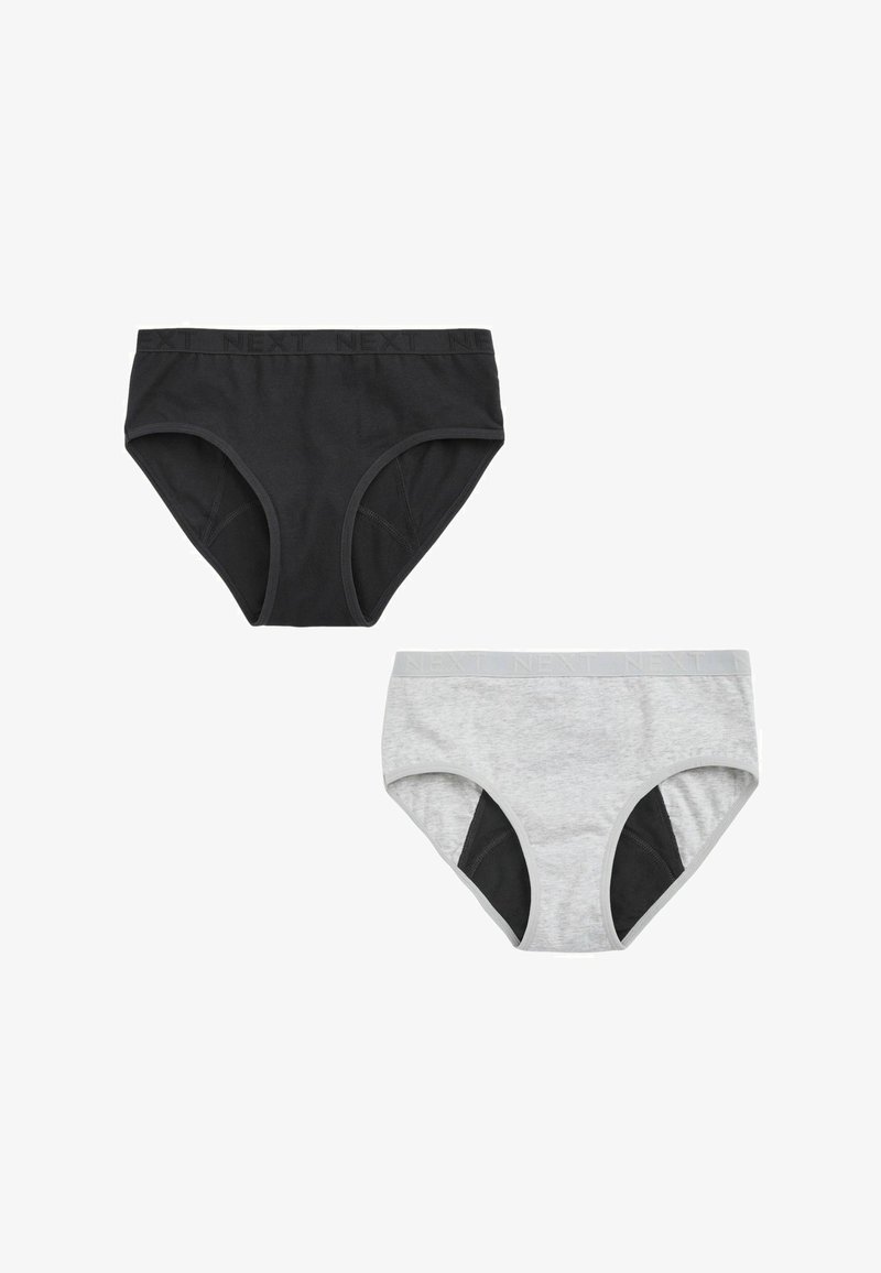 Black and gray cotton briefs with logo waistband, featuring a smooth texture, moderate coverage, and contrasting black panel details.