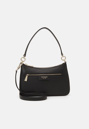 Black leather handbag with a textured finish. Features a curved silhouette, top handle, and gold-tone hardware with a zipper pocket.