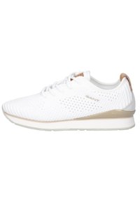 Bílá prodyšná pletená teniska s béžovými detaily, šněrováním a logem značky na boku a patě pro běžné nošení.