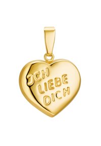 Pendente a forma di cuore in oro con testo in rilievo "ICH LIEBE DICH", superficie liscia con finitura lucida, attaccato da un anello.