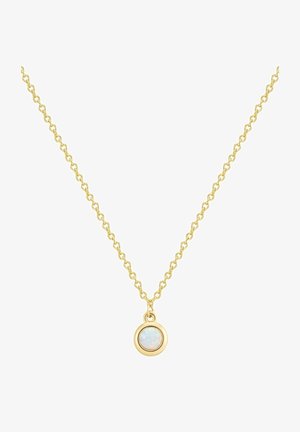 Auksinis grandinėlė su ovaliu opalu, turinti lygaus paviršiaus ir subtilaus sujungtos grandinėlės dizaino.