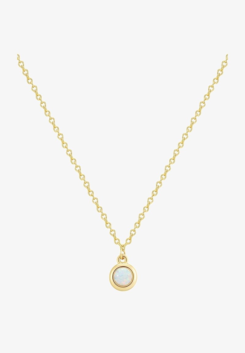 Kuldne kaelakee, millel on ovaalne opaalripats, millel on sile viimistlus ja õrn, seotud ketidisain.