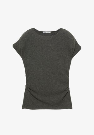 Tmavo šedý top s krátkym rukávom, okrúhlym výstrihom a riasenými bočnými stranami. Vyrobený z mäkkej, pružnej textílie s hladkou štruktúrou.