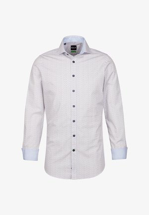 Weißes Langarmhemd mit kleinem navyblauen geometrischen Muster, abgeschlossen mit einem kontrastierenden blauen Kragen und Knopfdetails.