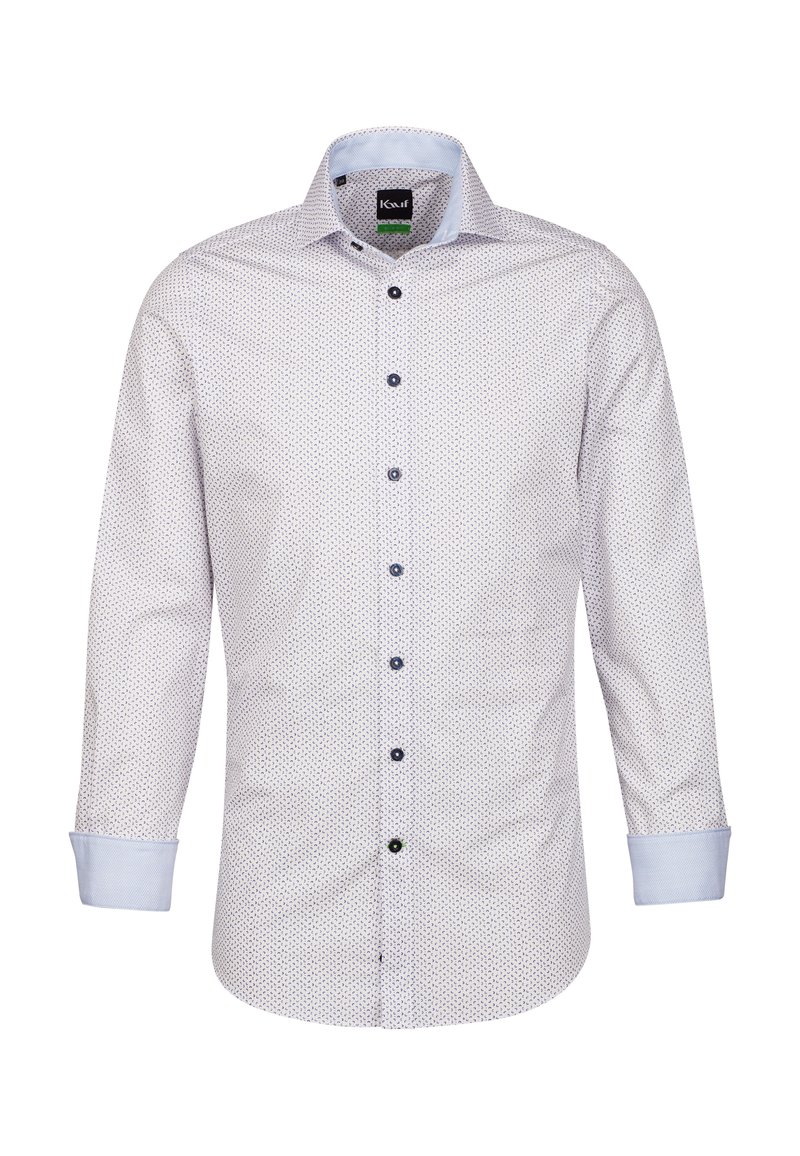Camicia bianca a maniche lunghe con piccolo motivo geometrico blu navy, rifinita con un colletto blu a contrasto e dettagli dei bottoni.