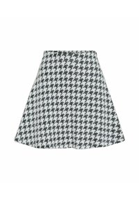 Gonna a scacchi houndstooth in bianco e nero con un design svasato e una texture liscia, caratterizzata da una vita senza dettagli aggiuntivi.