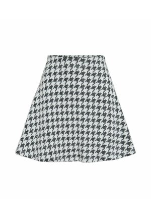 Spódnica w czarno-białą kratę houndstooth z rozkloszowanym krojem i gładką teksturą, z pasem bez dodatkowych detali.