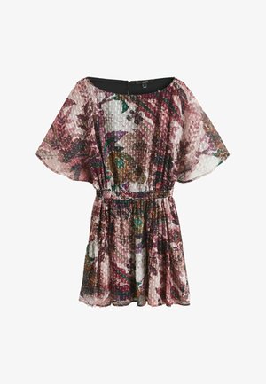 Lühike lillemustriline kleit läbipaistvate õrnade varrukatega ja kummiga vöökohal, toonides roosa, lilla, roheline ja pruun.