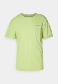 Světle zelené tričko s krátkým rukávem vyrobené z bavlny, s kulatým výstřihem a malým logem "Columbia" na levé straně hrudi.