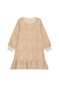 Beiges Kleid mit Leopardenmuster, langen Ärmeln, rundem Halsausschnitt und gerafftem Saum. Hergestellt aus weichem Stoff mit texturiertem Finish.