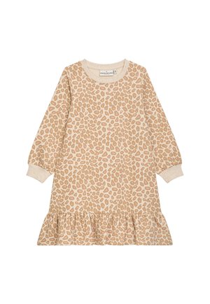 Beiges Kleid mit Leopardenmuster, langen Ärmeln, rundem Halsausschnitt und gerafftem Saum. Hergestellt aus weichem Stoff mit texturiertem Finish.