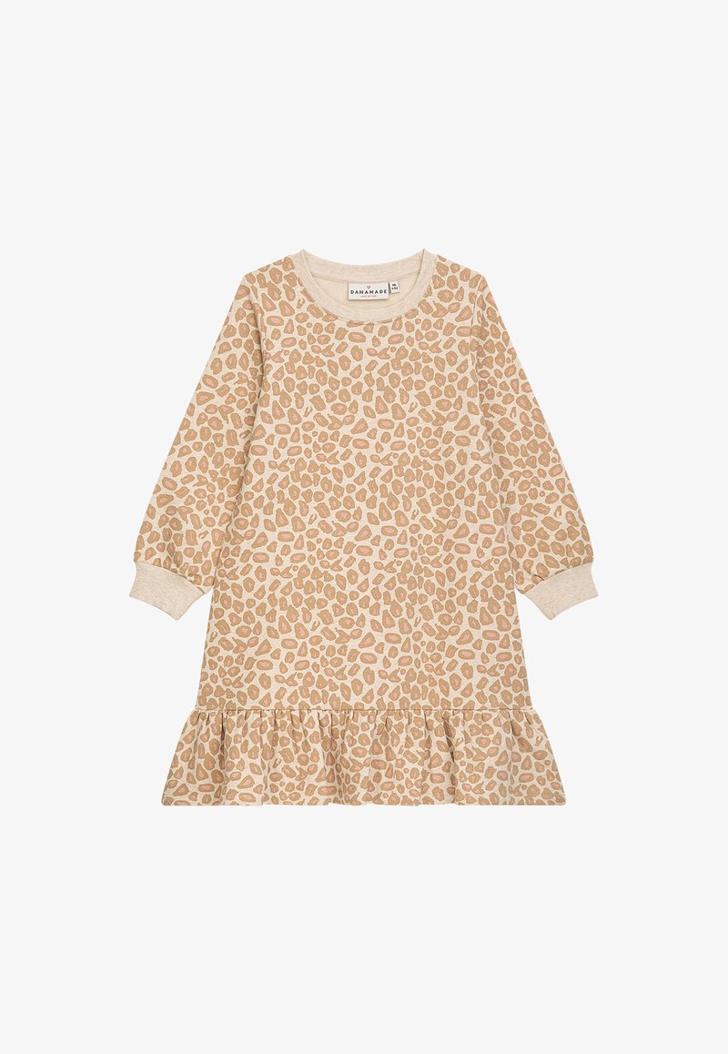 Beiges Kleid mit Leopardenmuster, langen Ärmeln, rundem Halsausschnitt und gerafftem Saum. Hergestellt aus weichem Stoff mit texturiertem Finish.