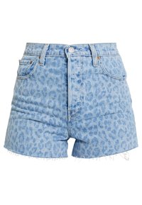 Ljusblå denimshorts med leopardmönster, hög midja och fransad nederkant. Två framfickor och en bakficka.