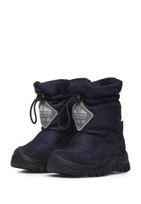 Marina vattentäta stövlar med en mjuk, vadderad ovandel, svarta gummisulor, dragsko och en grå logotagg på sidan.