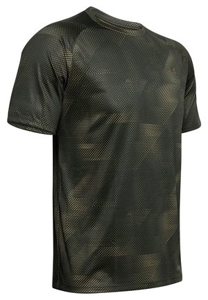 Schwarzes Sport-T-Shirt mit kurzen Ärmeln, hellgrauem pixelartigem Muster und kleinem Logo auf der Brust.