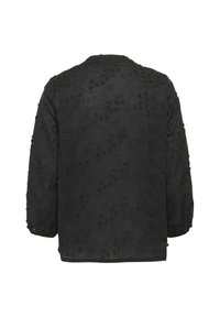 Schwarze, leichte Jacke aus strukturiertem Stoff, mit aufwändiger floralem Stickerei und langen, leicht puffierten Ärmeln.