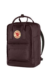 Dunkelburgunderfarbener Rucksack aus strapazierfähigem Material, mit einer Fronttasche, zwei Tragegriffen und einem runden Logo-Patch mit einem Fuchsdesign.