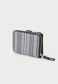 Modrá peněženka na zip s vertikálními bílými pruhy, vyrobená z texturovaného materiálu. Obsahuje hnědý akcent a připojený pás na jedné straně.