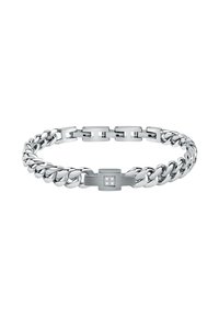Bracciale d'argento con una combinazione di maglie di catena lisce e spesse. Presenta un centro piatto con un accento di diamante. Finitura lucida.