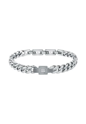 Bracciale d'argento con una combinazione di maglie di catena lisce e spesse. Presenta un centro piatto con un accento di diamante. Finitura lucida.