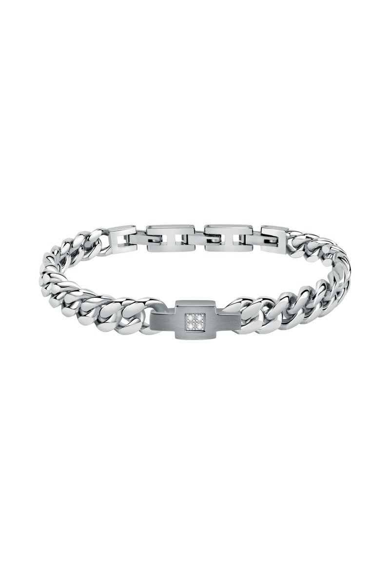 Bracciale d'argento con una combinazione di maglie di catena lisce e spesse. Presenta un centro piatto con un accento di diamante. Finitura lucida.