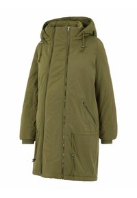 Parka mi-longue couleur vert olive avec capuche, dotée de deux poches zippées, de cordons de serrage réglables et de poignets côtelés. Texture lisse.