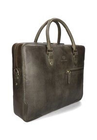 Brown leather briefcase with a textured finish, two top handles, front zip pocket, and reinforced corners for durability.