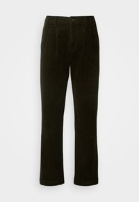 Ciemnozielone spodnie kord dzianinowy o prostym kroju, z fałdami z przodu i zapięciem na guzik. Miękka tekstura z pionowymi prążkami.