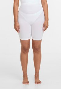 Shorts de formare albe, cu o textură netedă și elastică, având un talie înaltă și manșete finisate, concepute pentru o potrivire strânsă.