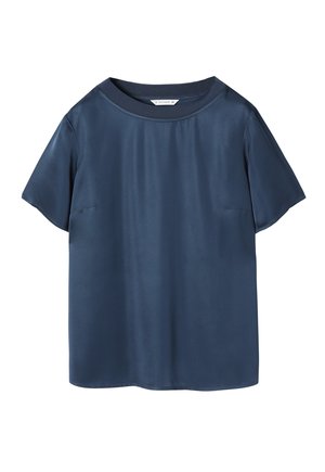 Camicia corta in satin blu navy con scollatura rotonda e una texture liscia. Dotata di una vestibilità ampia e dettagli sui fianchi.