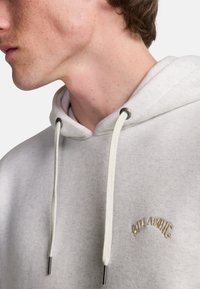 Hellgrau Melierter Kapuzenpullover mit einer Fronttasche, Kordelzug am Hals und silberfarbener Hardware. Mit gesticktem Text auf der Brust. Weicher Stoff.