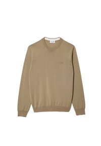 Beżowy sweter z okrągłym dekoltem, wykonany z miękkiej dzianiny. Posiada ściągacze na rękawach i u dołu oraz małe logo na piersi.