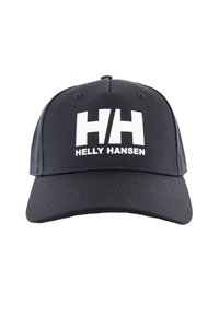 Gorra de béisbol azul marino con visera curvada, que presenta un gran logo blanco "HH" y el texto "HELLY HANSEN" en la parte frontal. Hecha de tela.
