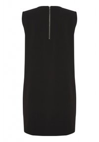 Schwarzes ärmelloses Kleid mit gerader Silhouette und Reißverschluss auf der Rückseite. Hergestellt aus glattem Stoff in einfarbiger Ausführung und ohne Muster.