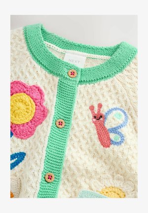 Kreemi värvi heegeldatud kardigan erksate tikitud lillede, tigu ja liblikaga. Omab rohelist kudumitist kraega ja nööpkinnitusi.