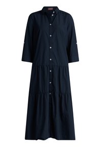 Navy sininen napitettava mekko, jossa on kaulus, kolmivartiset hihat ja kerroksellinen rypytysdesign, valmistettu teksturoidusta kankaasta.