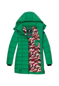 Giubbotto imbottito verde con cappuccio, dotato di una fodera interna camouflage nei colori rosa, bianco e beige. Comprende chiusura con zip e polsini a costine.