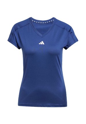 Mörkblå sportt-shirt med V-ringning, korta ärmar och en vit logotyp på bröstet. Har triangulära detaljer längs kragen.