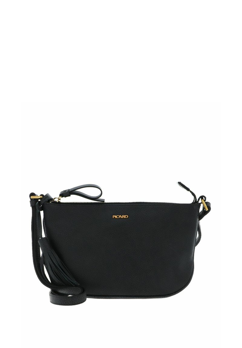 Sac bandoulière en cuir noir avec fermeture éclair, quincaillerie dorée et un accent pompon. Texture lisse, forme compacte et bandoulière ajustable.