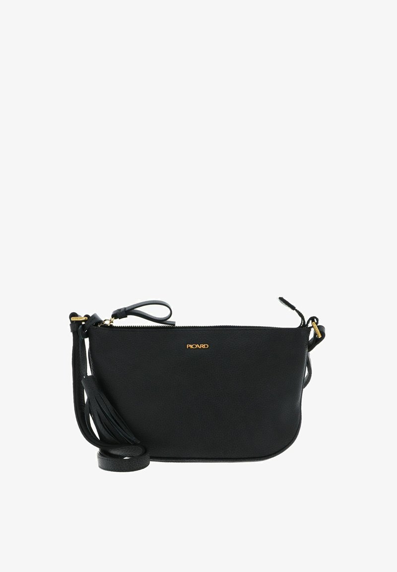 Sac bandoulière en cuir noir avec fermeture éclair, quincaillerie dorée et un accent pompon. Texture lisse, forme compacte et bandoulière ajustable.