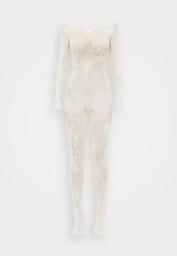 Λευκό κορμάκι με δαντέλα, μακριά μανίκια, σχέδιο εκτός ώμου, περίπλοκο ανθισμένο μοτίβο, εφαρμοστή γραμμή, λεία υφή.