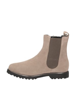 Beige suede Chelsea ankle boot with elastic side panel, black rubber sole with tread, and pull tab at the back.